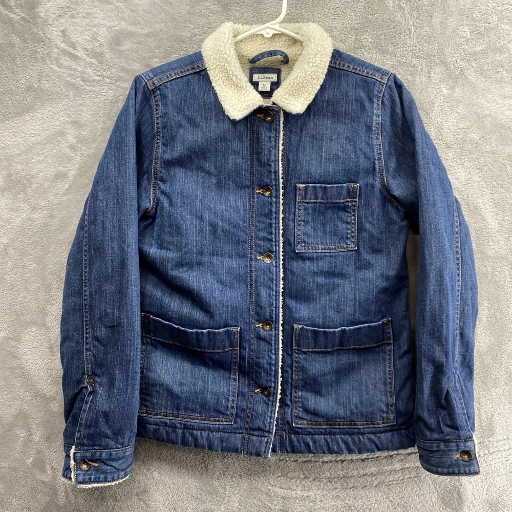 LL Bean Denim Sherpa Lined Jacket Womens Medium XS Long Sleeve Pocket Blue EUC